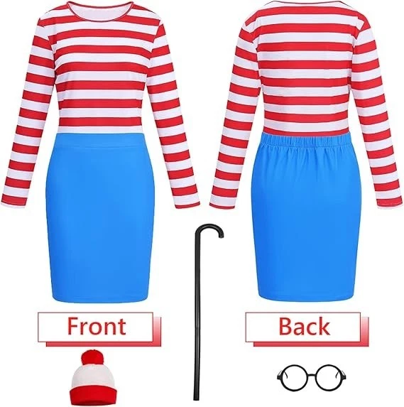 Adult Women’s Wenda Costume Set Striped Shirt Hat Skirt Glasses Cane Socks (L) - Image 4 of 4