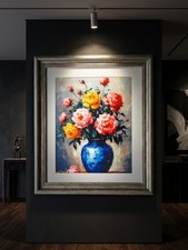 Dipinto olio floreale vintage vaso blu tela incorniciato decorazione rustica 35x30 cm WallArt