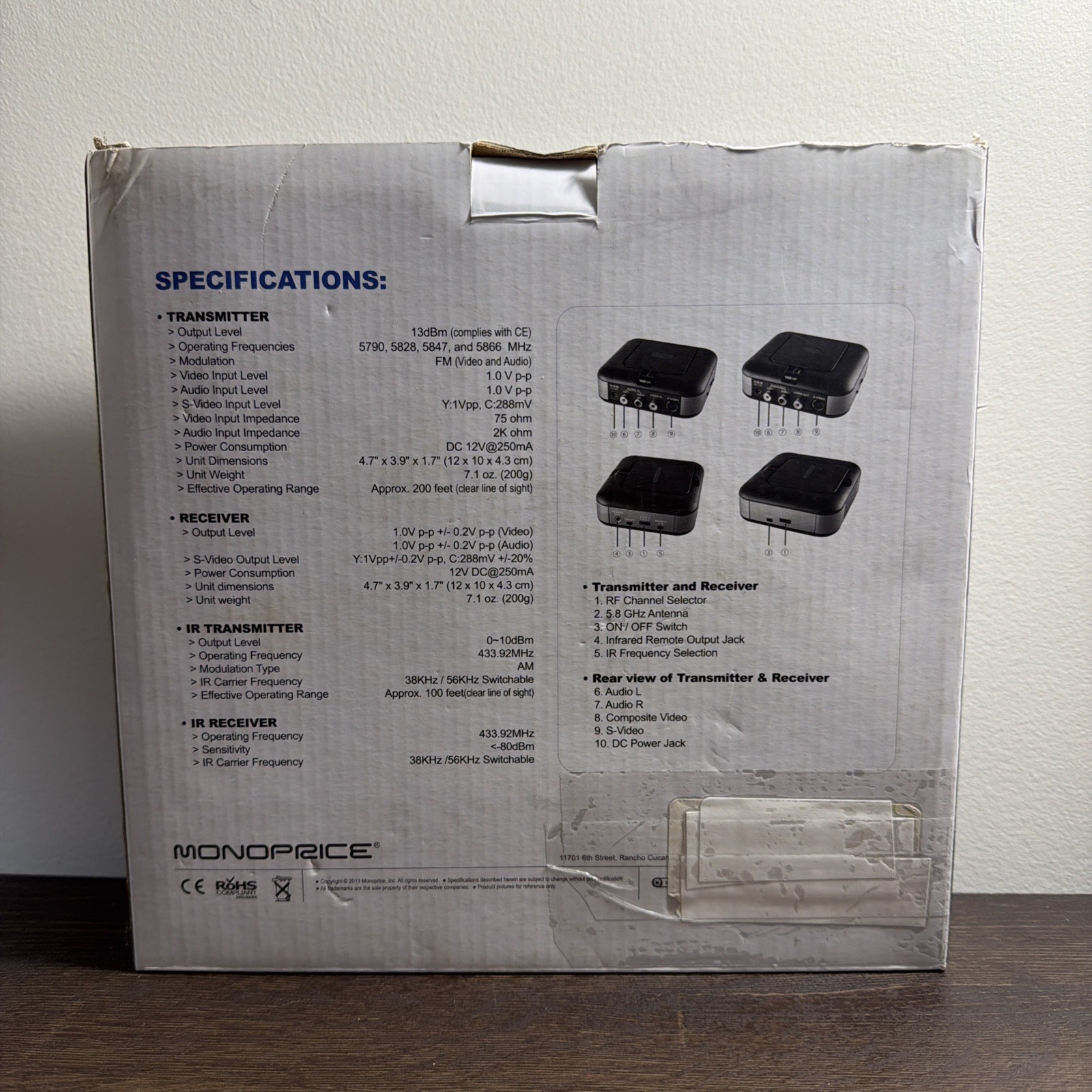 Monoprice 5.8 Ghz Wireless Audio Video Receiver And Transmitter RCA AV Cable