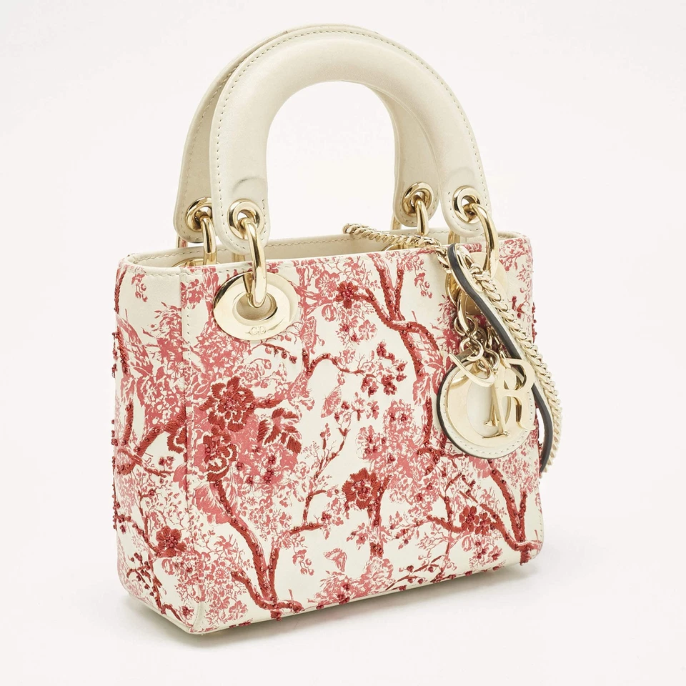 Dior RedWhite Leather Mini Floral Embroidered Lady Dior Tote - Image 3 of 4