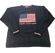 Vtg Chaps Ralph Lauren USA Flag Hand Knit Sweater Men  s Size Medium 100 Cotton