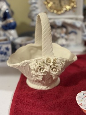 Ivory Ceramic Handled Basket Raised Roses Intricate Delicate Designs