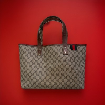 Gucci GG Pattern Tote Bag for Women with Brown Leather Handles Logo Print