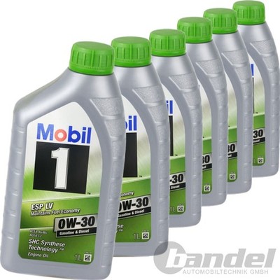 6x 1L MOBIL-1 ESP LV 0W30 ÖL passend für BMW LL 12FE  VOLVO 95200377 WSS-M2C920A