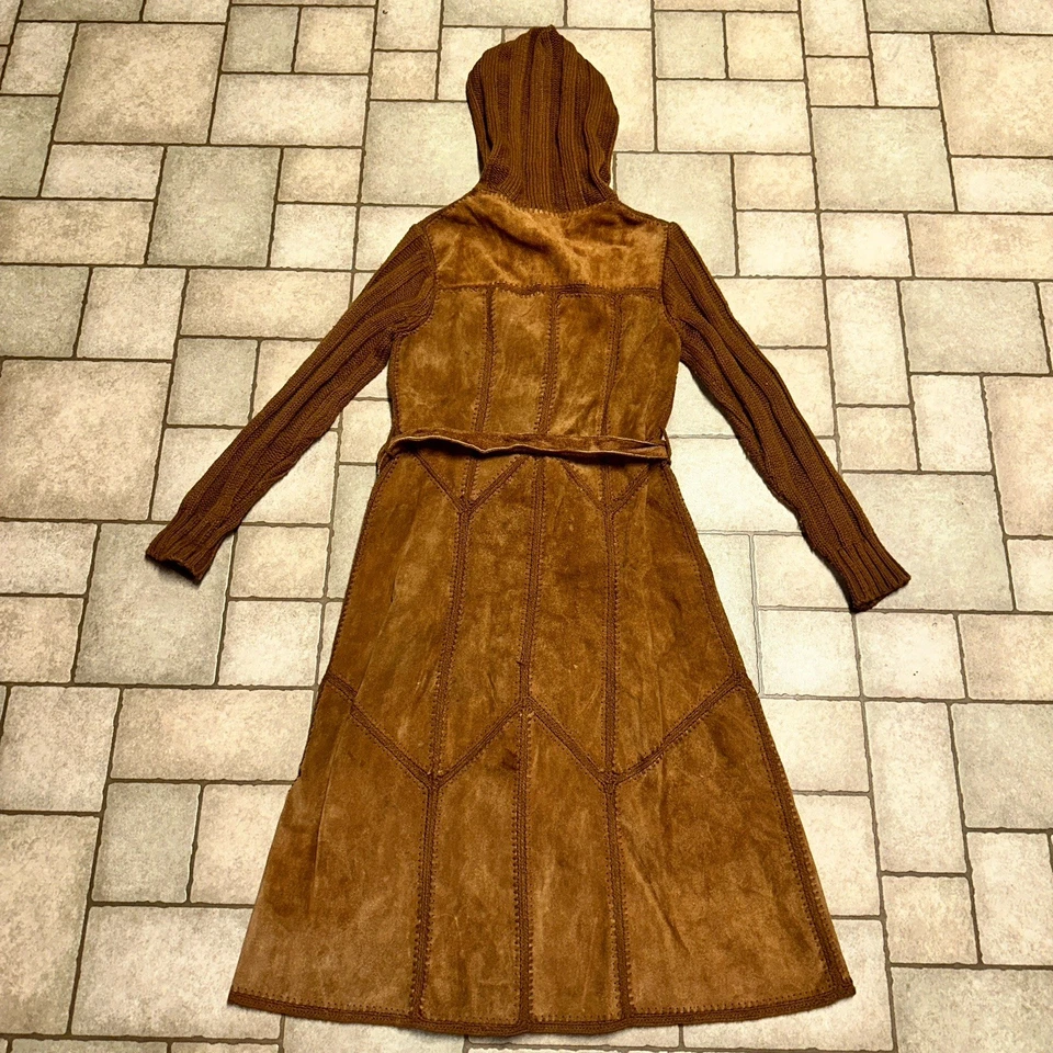 Jaqueta com capuz vintage anos 70 camurça patchwork trench coat malha suéter pequeno hippie - Imagem 3 de 4