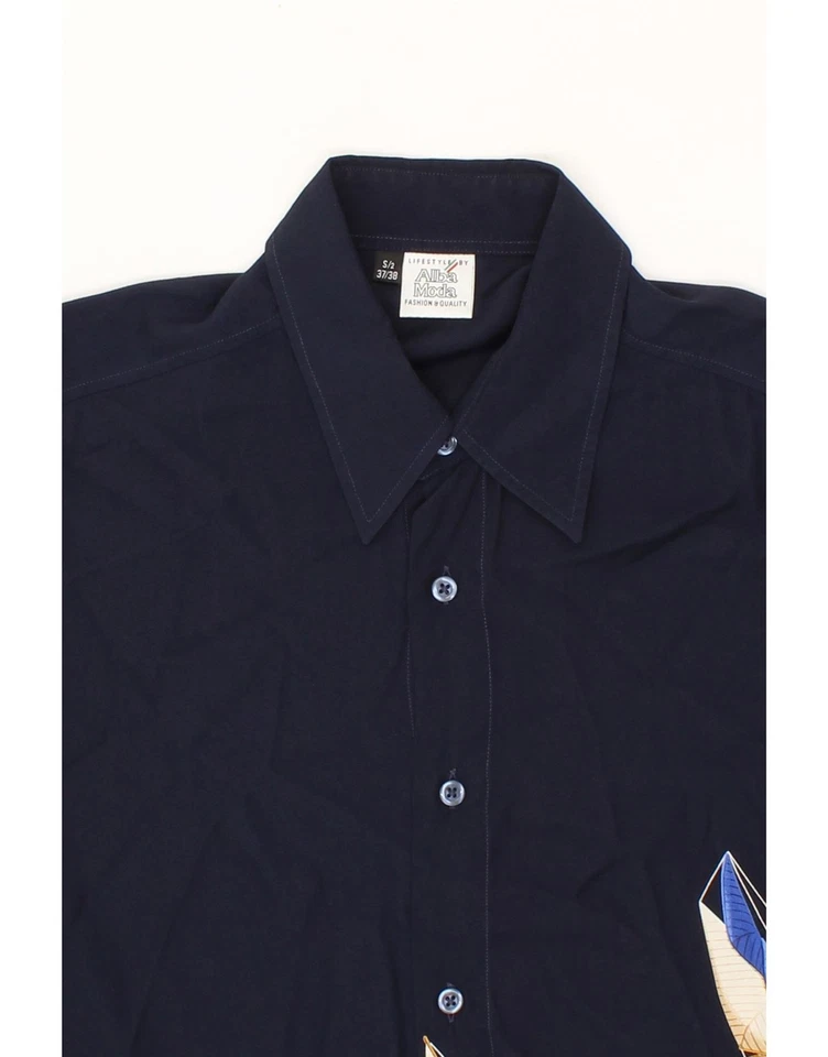 ALBA MODA Mens Graphic Short Sleeve Shirt UK 37/38 Small Navy Blue Viscose OU08 - Image 3 of 3