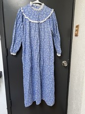 Vintage LL Bean by Lang Nightgown Sz S/M Blue White Floral Lace Trim Button