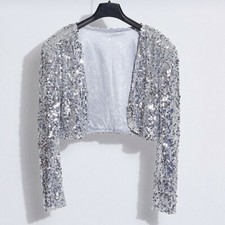 Lady Sequin Cardigan Short Coat Jacket Long Sleeve Shiny Glitter Club Dance