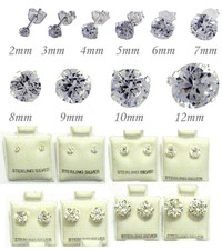 .925 Sterling Silver Round Cut Clear Cubic Zirconia Stud Earrings 2mm-12mm
