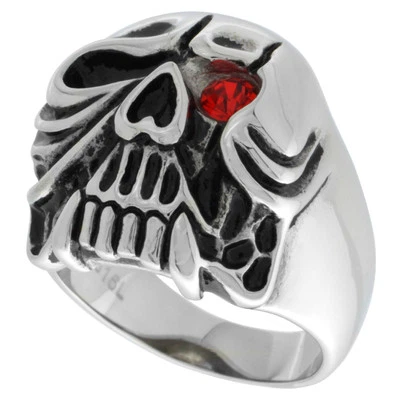 Acier Inoxydable Gothique Sculpté Crâne Biker Bague W / Rouge Pierre Zircon Eye - Photo 1/2