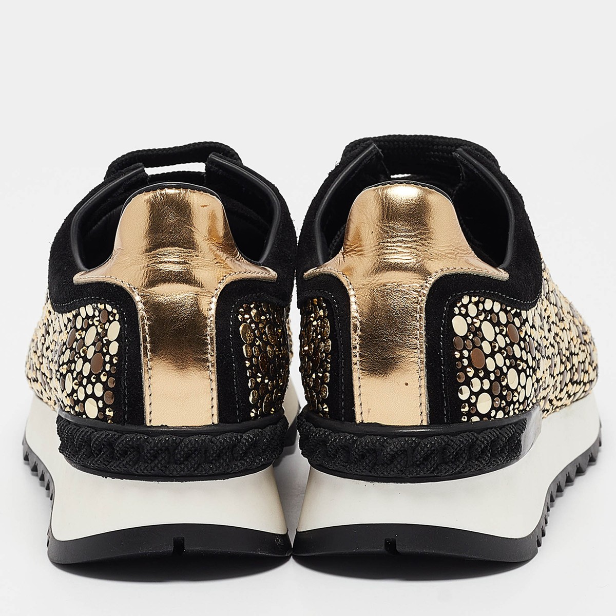 Casadei Black/Gold Suede and Leather Studded Low Top