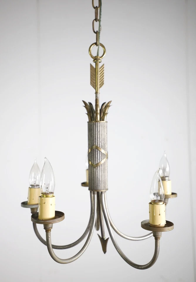 Art Nouveau 5 Arm Nickel Plated Brass & Steel Chandelier - Image 4 of 4