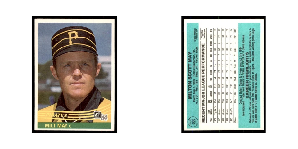 Milt May 1984 Donruss #386 Pittsburgh Pirates Baseball Card NM - Image 3 of 3