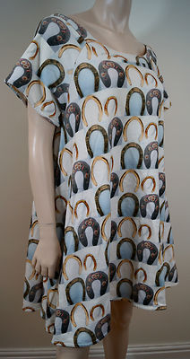 TATA-NAKA LONDON White Blue Gold Horseshoe Print Scoop Neck Short Dress UK8