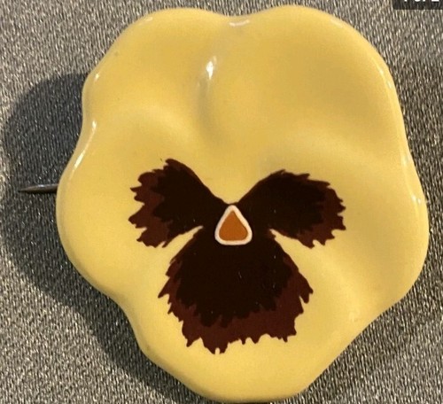 Avon Ceramic Pansy Flower Pin Brooch Porcelain Yellow Purple