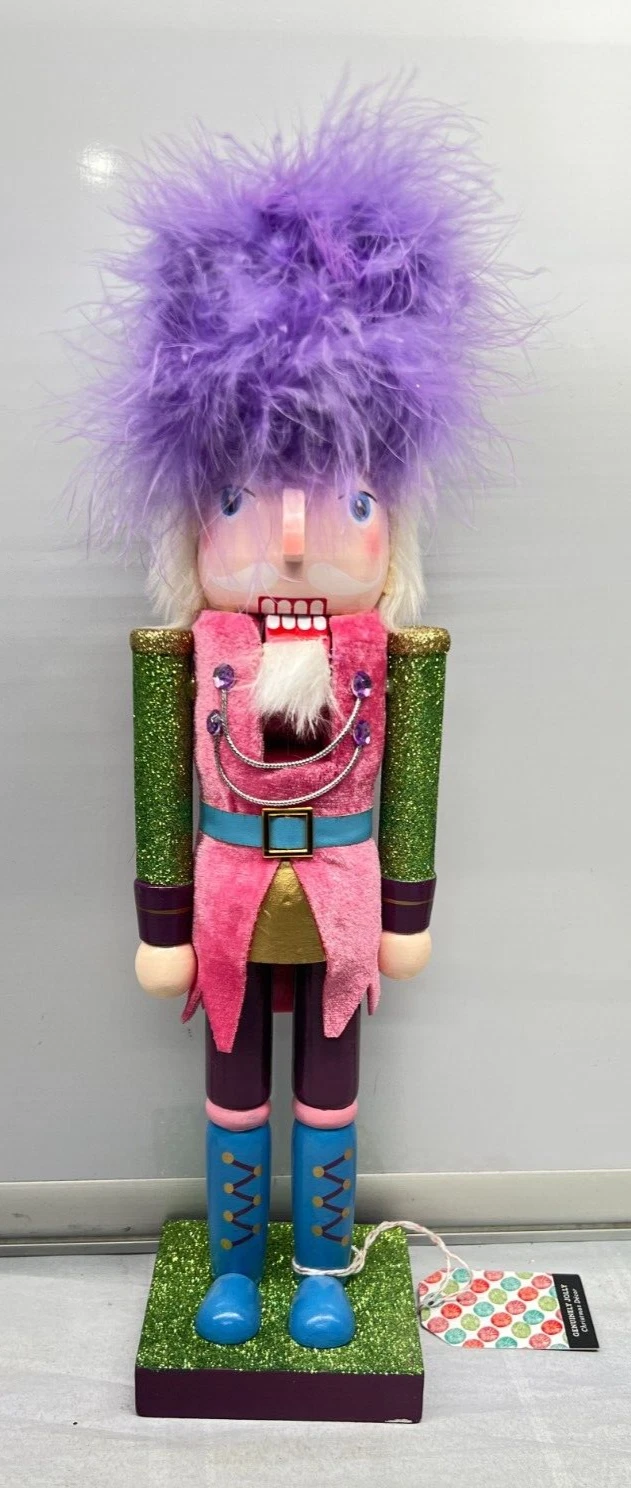 Wood Nutcracker Purple Feathers Pink Suit Green Glitter 14.5 " New NWT Pride