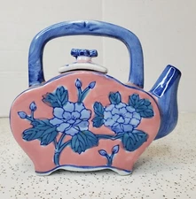 Vintage Ben Rickert Hand Painted Floral Flat Sided Porcelain Teapot 5 X 6 Inches