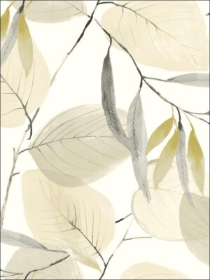 Grey, Beige, Bronze Translucent Leaves on White Unpasted Wallpaper CB91407