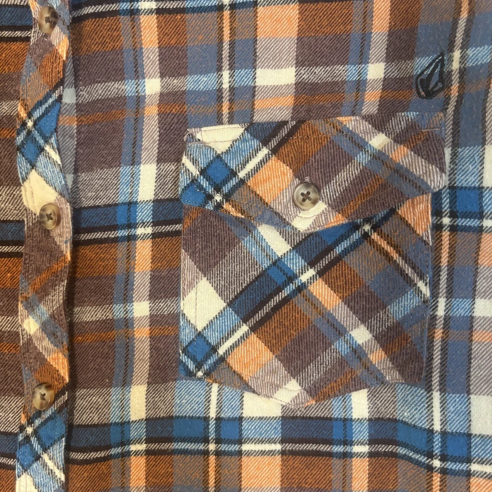 Camisa con botones Volcom de franela a cuadros naranja marrón multicolor para niños talla grande Foto 3 de 4