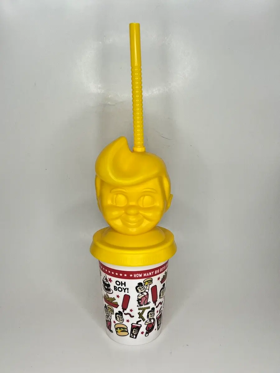 Yellow Frisch's Big Boy Head Plastic Collectors Cup with Straw