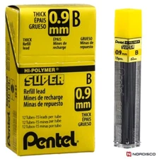 Pentel 50-B9 0.9mm Super Hi-Polymer Lead Refill, B, Box of 12 Tubes 180 Leads