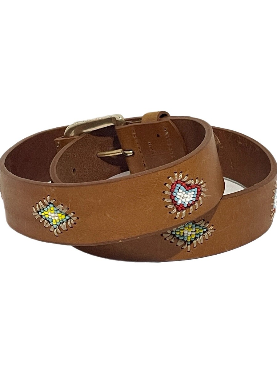 GAP Brown Leather Belt Beaded Y2K Western Size 32 Heart  display picture 3