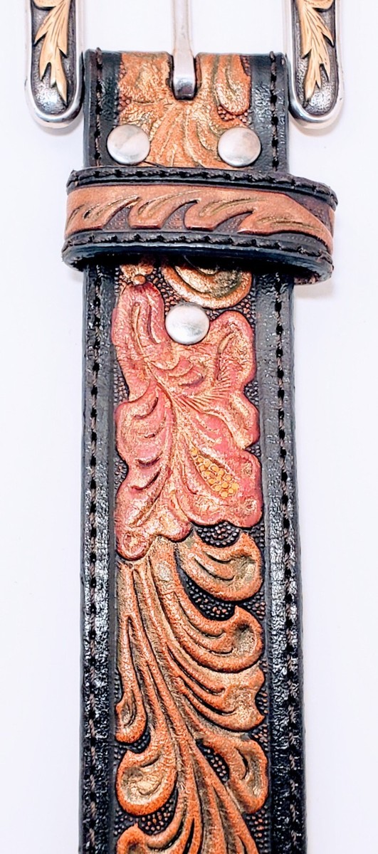 Nocona Western Women’s Leather Tooled Flower Brown Studded Belt (Size: S) Nocona Western Womens Medium Belt Leather Tooled Flower  main image 3