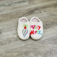 White Plush Christmas Slippers with Colorful Holiday Embroidery