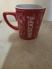 Nescafe Ceramic Coffee Tea Cup Mug Winter Holiday Reindeer Snowflakes Red 11 oz