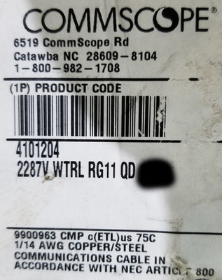 Commscope 2287V RG-11 14awg Quad Shield Plenum 75Ohm Coaxial Antenna Cable /25ft