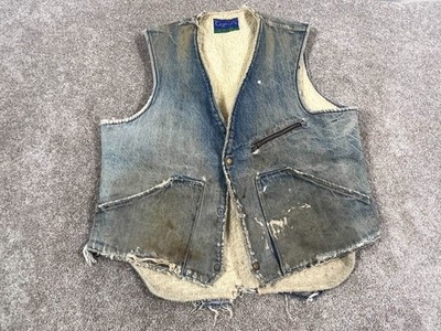 VINTAGE 50s 60s Carter's Watch The Wear Thrashed Denim Shearling Vest Mens Large