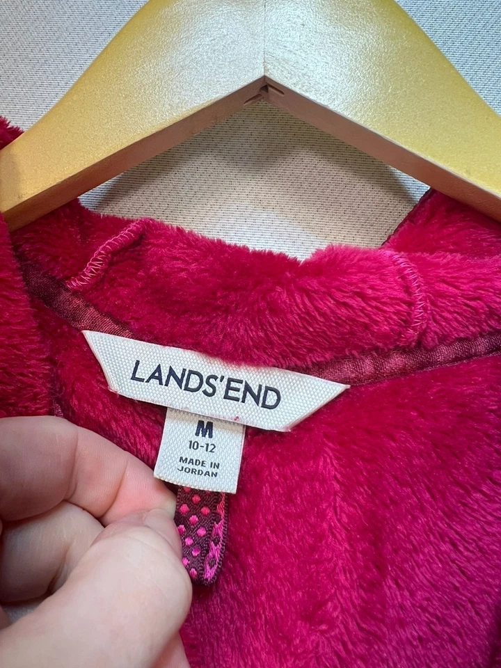 Lands End Kids Fleece Zip Up Hooded Jacket Size M 10/12 Raspberry Red - Image 3 of 4