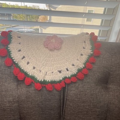 Handmade Hand Crocheted Doily Pink Flower Motif Red Green Edging