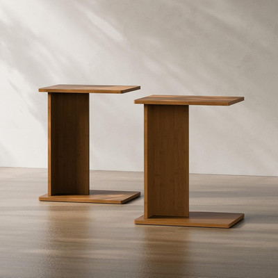 Set of 2 Solid Bamboo C-Shaped End Tables for Couch - Walnut Finish