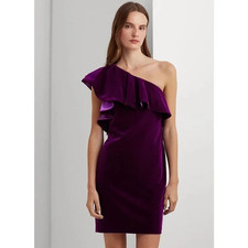 Lauren Ralph Lauren Women Ruffle Trim Velvet Cocktail Dress Dark Purple Size 8
