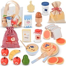 Wooden Play Food Set, Wooden Food for Play Kitchen, Wood Food Toys with Stora...