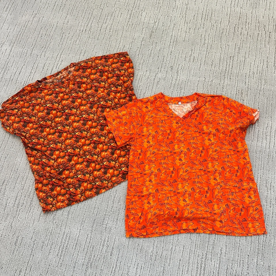 READ Halloween Pumpkin Ghost Bat Scrubs Lot of 2 Unisex Scrub Tops L/XL Orange - Image 2 of 4