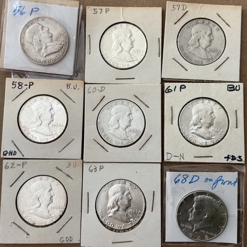 Lot of [8] Franklin and [1] Kennedy Half Dollar 90% Silver Coins F, XF, AU, MS