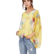 Karen Kane Amalfi Coast Top Size XS Yellow Floral Blouson Feminine Scarf Blouse