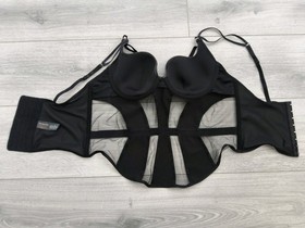 Ann Summers Black Wet Look & Sheer Mesh Strappy Stars Corset Top Size Mdm 10-12