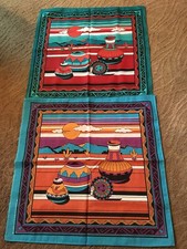2 Vtg Pots Sun Cactus Southwestern Bandanas RN 20767 Aqua Rust USA Cotton Poly
