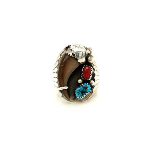 Vintage Schild Sterling ES Navajo Bär Türkis Koralle Stein Kuppelring 10 1/2 - Bild 1 von 7