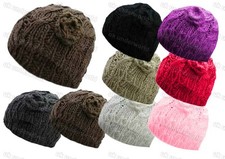 Ladies Beanie Hat Chunky Cable Knit With Crochet Flower Warm Winter Knitted Cap