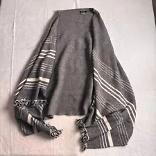 Misook Cape Shawls Womens One Size Gray Striped Fringing Viscose Open Front *