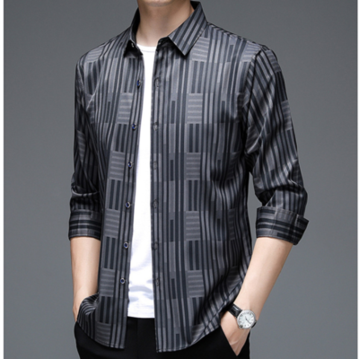 Herren Satin Kunstseide Bluse Top Hemd Gestreift Business Freizeit