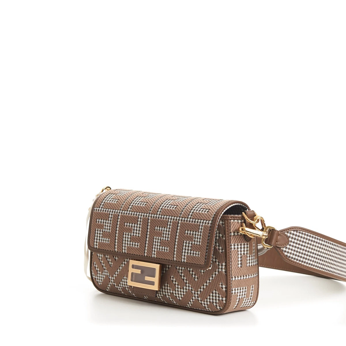 FENDI 3490 Medium Baguette Brown Houndstooth Wool Bag With FF