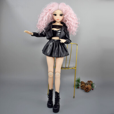 Mode 60cm 24inch Ball Jointed BJD Puppe Mit Lockiges Rosa Haar Schwarz Kleidung
