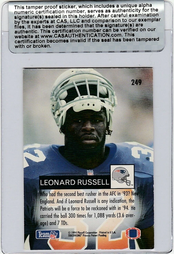 1994 PLAYOFF #249 LEONARD RUSSELL SIGNED AUTOGRAPH NFL ROY PATRIOTS CAS COA - Image 2 of 2