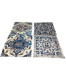 Set of 4 Blue White Linen Canvas Pillow Covers 18x18 Boho Decorative Throw