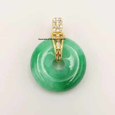 Handmade Pendant Chinese Green Jade Yellow Plated Alloy Safety-Circle Pendant